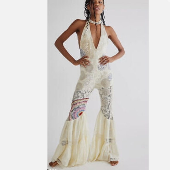 Free People Pants - Free People Doiley Patchwork Cottagecore Crochet Boho Halter Jumpsuit Sz Large